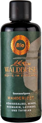 Waldbrise Saunaaufguss Wanderlust - Saunaduft mit ätherischen Ölen, wohltuend, aus kontrolliert biologischem Anbau, rückstandsfrei, Konzentrat, für Kräuterbäder, Aromaschalen, Dampfbäder - 100 ml