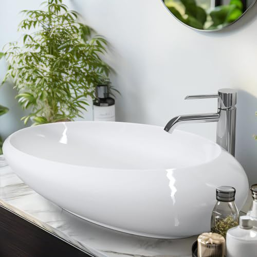 EMKE Aufsatzwaschbecken Oval Waschbecken, Handwaschbecken für Badezimmer Gäste WC 70 x 43 x 18 cm, WC Waschbecken Klein Bad Keramikwaschbecken Waschtisch Waschschale Aufsatzbecken Weiß