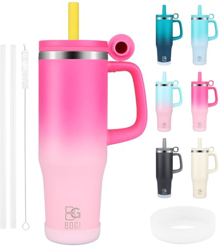 BOGI 40oz Tumbler with Straw and Lid,Leakproof Coffee Cup Travel Mug,Double Walled Insulated Tumbler Cup with Handle and Dust-Proof Cap,Reusable Stainless Steel Tumbler for Cold and Hot | Hot Pink
