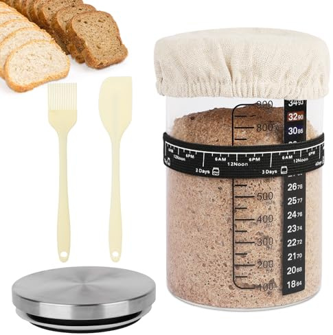 SSYR&P Barattolo per Lievito Madre kit, Completo con copertura in acciaio inossidabile e Accessori,650 ml barattolo vetro, kit di partenza per la cottura per principianti,per Panificazione Casa