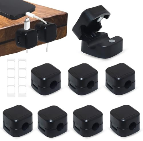 8pcs Charging Cable Keeper, Black Square Magnetic Cable Holder with Stickers, Tidy Cable Management for Office Home Desk Car Wall Phone