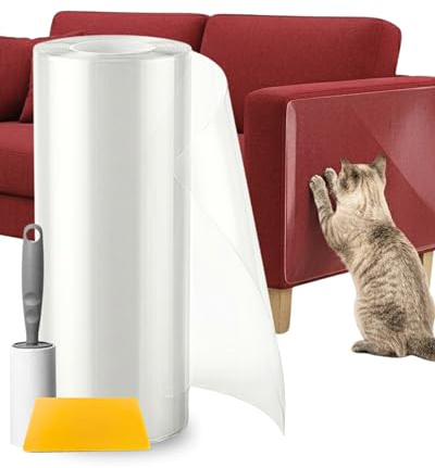 Protector Sofá Gatos Antiarañazos 20 cm x 4 m Grosor Reforzado | Sin chinchetas, retirada limpia, cilindro interno rígido, fácil de cortar, espátula aplicadora incluida