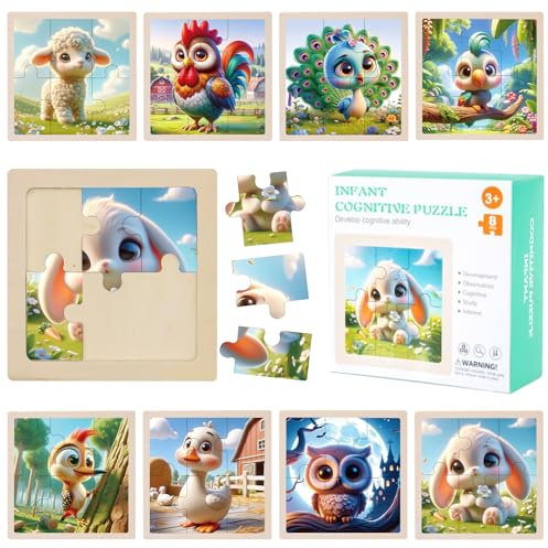 TECHEEL Mini Puzzle Spielzeug 8 Stück Puzzle Kinder ab 1 2 3 Jahre Tier Kinderpuzzle Holz Steckpuzzle für Kinder Puzzle ab 3 Spielzeug Puzzle Lernspielzeug für Kinder Geschenk Mädchen and Jungen