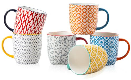Cerkik Ceramic Coffee Mugs Set - 350 ml Large Porcelain Tea Cups with Handle for Cappuccino Latte Cocoa Milk Tea - Christmas Housewarming Gift - Microwave Dishwasher Safe - Set of 6 - Assorted Colors