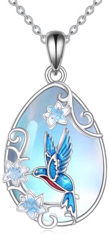 YAFEINI Kolibri Kette für Damen 925 Sterling Silber Vogel Mondstein Anhänger Halskette mit Blumen Kolibri Schmuck Geschenke für Damen (Kolibri Kette)