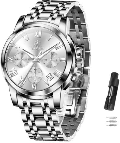 Taxau Uhren Silber Herren Chronograph Analogue Quartz Uhr Edelstahl Silberne Armbanduhr für Herren mit Datum wasserdichte Herrenarmbanduhr Klassische Luxus Business Herrenuhr Geschenke für Männer