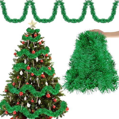 Espumillón Árbol Navidad Verde 20M - Paquete de 10 Guirnaldas Metálicas Oropeles Brillantes - Decoración para Boda, Fiesta, Hogar, Interior y Exterior