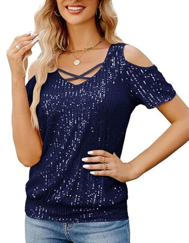 JASAMBAC Tops for Women UK - Sequin & Glitter Tops with Cross & V-Neck, Cold Shoulder, Sparkle Tunic, Short Sleeve Dressy Blouse for Club Party - Navy