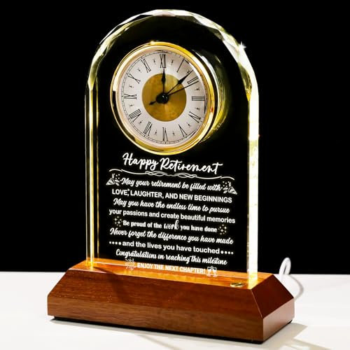 Glas-Ruhestandsuhr mit Holz-Lichtsockel – Happy Retirement Plaque für Frauen, Männer, Kollegen, Chef, Freund, Abschiedsgeschenk für sie zum Ausgehen, Andenken für Lehrer, Arzt