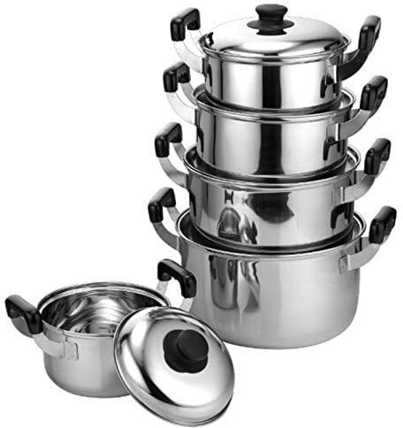 Cooking Pot, Saucepan Set 5 Pieces, 201 Stainless Steel Pot and Pan Set Induction with Lids, Stock Pot Cookware Set Compatible with Induction,Gas and Electric Hobs, Silver