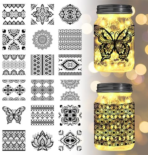 GLOBLELAND 18 Blatt Mandala Blumen UV DTF Tasse Transfer Aufkleber 3.9x3.6 Zoll Muster DTF Transferaufkleber Möbel Großformat Transfers für Glasbecher Keraflott Möbel Glas Holz