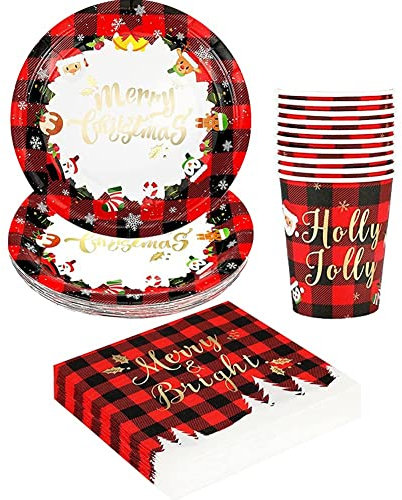 Vaisselle De Fête De Noël, 3 Sacs, Assiettes, Serviettes, Gobelets en Papier, Carreaux Rouges Noirs, Ensemble De Vaisselle De Noël pour Décoration De Fête
