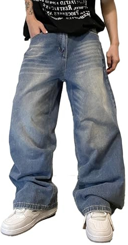 DFGIGT Jeans Larghi da Uomo, Stile Hip Hop, a Gamba Larga, in Denim, Pantaloni Lunghi, B12 Blu, L