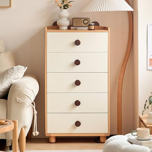 GUAWJRZDP Kommode, Schubladenschrank Aus Holz, Aufbewahrungsschrank Mit Schubladen, Schubladenschrank Schmal, for Kinderzimmer, Wohnzimmer, Holzfarbe + Weiß(5 Drawer Chest)
