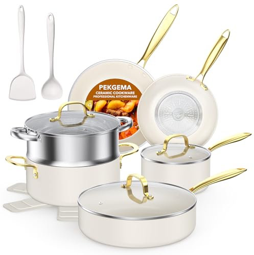 PekGema Ceramic Cookware Set 15-Pieces, Pots and Pans Set Non Stick, Oven Safe Non Toxic, Kitchen Cookware Set, PFOA PTFE FREE, Gold White