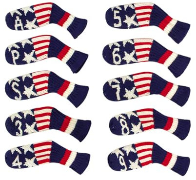 Scott Edward 10 Pcs Golf Iron Club Covers Head Covers for Irons Cuteness Basically Socks Shape Washable Golf Club Head Protector Double Sided Knit Suitable for Most Brands (Blue White Red)