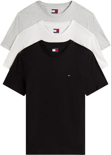 Tommy Jeans Men’s 3 Pack Short Sleeve Cotton T-Shirts, Multicolor (Black/Lt Grey HTR/Ecru), M