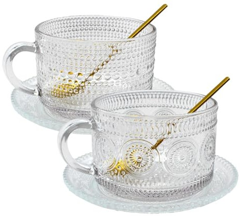LZLINGMEI 2 Stücke Gläser Kaffeetassen Set, Groß Teegläser mit Henkel 2 Glas Unterteller 2 Löffel, Kristallgläser Glastassen mit Untertasse für Cappuccino, Tee, Latte, Milch, Macchiato, Eiskaffee