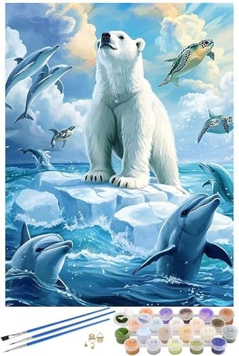Malen Nach Zahlen Erwachsene Eisbär Malen Nach Zahlen Tier Malen Nach Zahlen ab 7 8 Jahre Mädchen Geschenk, Handgemalt Ölgemälde Kit für Anfänger mit 3 Pinseln und Acrylfarbe, 20x30cm mit Rahmen -5212