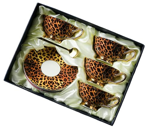 Retro leopard print bone china coffee cup, home couple's afternoon tea cup - 4 cups, 4 plates, 4 spoons box