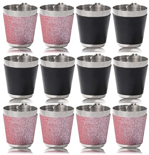 GOMETY Tragbares Schnapsglas-Set: 12 Stück, Edelstahl Schnapsglas, Robust & Elegant, Mit Lederkette Für Partys Und Events (4,2 X 3,7 Cm, Rosa + Schwarz, 30ml)