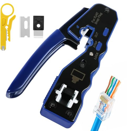 vsshe RJ45 Crimp Tool Pass Through Ethernet Crimper for Cat6 Cat5e Cat6a, All-in-One Tool Cuts, Strips, Crimps, Fast and Reliable