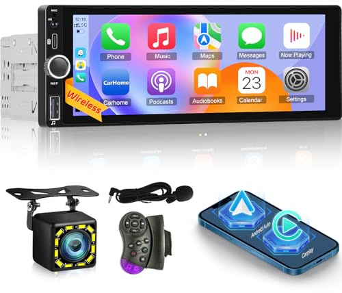 Single Din Car Stereo with Wireless Carplay and Android Auto, 6.86 inch Touchscreen 1 Din Car Radio with EQ/Bluetooth/FM RDS Radio/Mirror Link/USB/SWC+Backup Camera