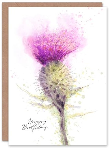 Artery8 Happy Birthday Scottish Thistle Flower Watercolor Birthday Card