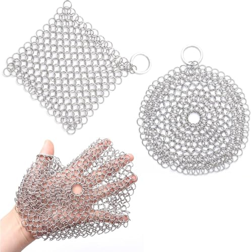 2 Stück Edelstahl Ringreiniger Topfreiniger für Gusseisen Pfannen und Töpfe | Dutch Oven Reiniger | Ringschwamm, Gusseisenreiniger, Reinigungsgewebe, BBQ Zubehör Edelstahl Schwamm (15CM)