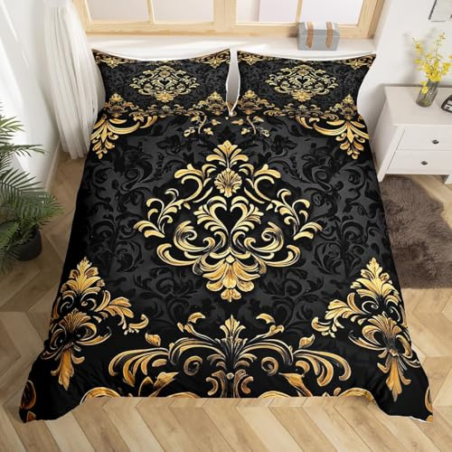 Homewish Damast Bettwäsche Vintage Exotic Gothic Bettwäscheset 155x220 Boho Schwarz Gold Bettbezug für Kinder Männer Frauen Erwachsene,Viktorianische Barock Blumen Schlafzimmer Dekor Mikrofaser