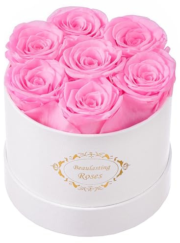 Roses préservées durables dans une boîte - Fleurs éternelles pour sa maman, épouse, anniversaire de mariage (boîte blanche ronde, rose clair)