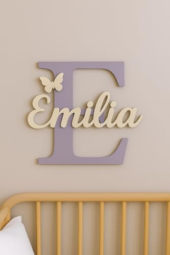 Personalisierte Namensschild Holz – Wanddeko Kinderzimmer & Babyzimmer – Handgefertigte Buchstaben aus Holz, Geschenk zur Geburt, Taufe oder Geburtstag (Lavendel & Creme, S – Höhe: 20 cm)