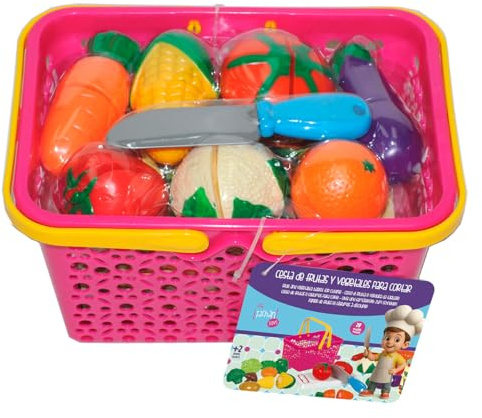 TACHAN - Cesta de Vegetales y Frutas para Cortar - Set Infantil Juego simbólico - Contiene 28 pzas (CPA Toy Group 728T00983)