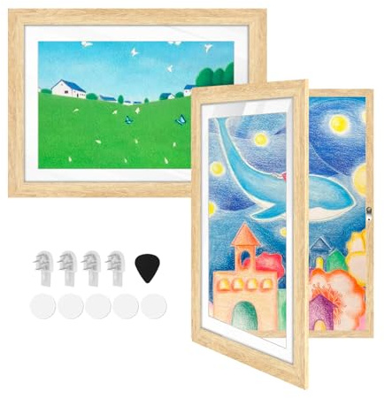 KARAA 2 Stück Bilderrahmen für Kinderzeichnungen A4 Holz | Holz, Acrylglas, Frontöffnung, 50-150 Kunstwerke, hängend, 2 Stück