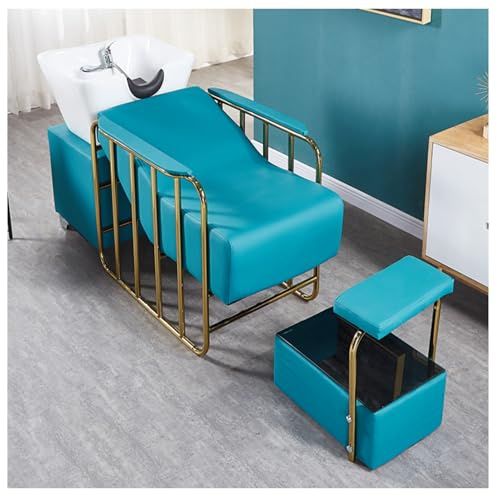 Friseurstuhl Mit Waschbecken,Friseurwaschbecken Aus Keramik Verstellbar, Friseurwaschsessel Für SPA Salon, Friseur Waschplatz,Blau