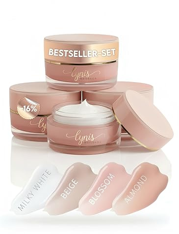 No File Aufbaugel Set für Gelnägel ALMOND, BLOSSOM, BEIGE & MILKY WHITE 15ml für Profis & Anfänger als UV Gel SELBSTGLÄTTEND OHNE FEILEN, UV & LED geeignet, pinchbar, mittelviskos, Lynis-Nailshop.de