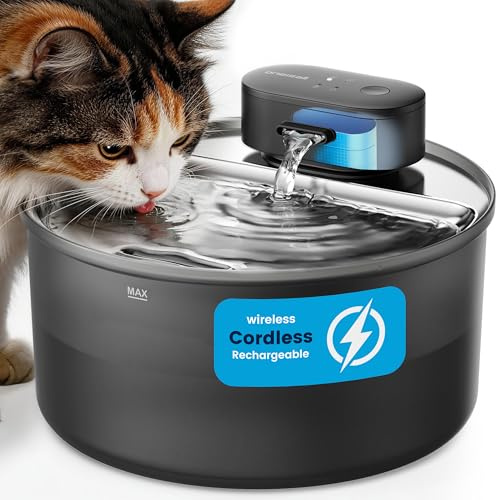 oneisall Fuente para Gatos sin Cables, Fuente de 3,2L con Sensor | 20dB ultrasilenciosa, batería recargable de 4000mAh, recipiente de acero inoxidable, limpieza sin esfuerzo, sin BPA