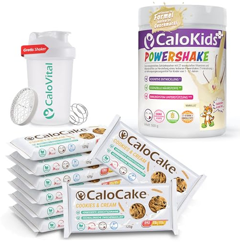 Zunahme-Bundle Kinder: 8x CaloCake C&C Riegel + Vanille + Shaker | Hochkalorische Riegel Cookies & Cream, 500g CaloKids+ Powershake, gratis Shaker