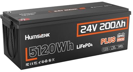 Humsienk LiFePO4 24V Batterie 200Ah – Hochleistungs-Solarbatterie mit 5120Wh Kapazität, 6400W Dauerleistung & intelligenter 250A BMS LiFePO4 – IP65, -4 °F bis 140 °F, für RV, Solar-Akku & Hausnotstrom
