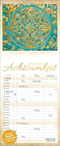 Achtsamkeit Timer für 2 2026: Familienplaner mit 3 breiten Spalten. Familienkalender zum Thema Achtsamkeit, mit Ferienterminen, Vorschau bis März 2027 und vielem mehr.