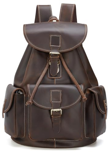 Polare Thick Genuine Leather Backpack Vintage College Laptop Bag (Dark Brown)