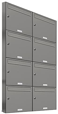 AL Briefkastensysteme 8er Briefkastenanlage Aluminiumgrau RAL 9007, Premium Briefkasten DIN A4, 8 Fach Postkasten modern Aufputz