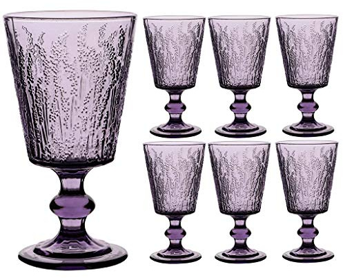 Dibor Set of 6 Wine Glasses Purple Embossed Lavender 300ml Wine Goblets | Dishwasher Safe, Coloured Glass, Drinking Glasses, Alfresco Glassware
