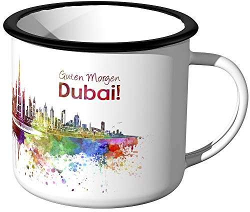 JUNIWORDS Emaille-Tasse, Guten Morgen Dubai, Skyline Aquarell, Schwarzer Tassenrand