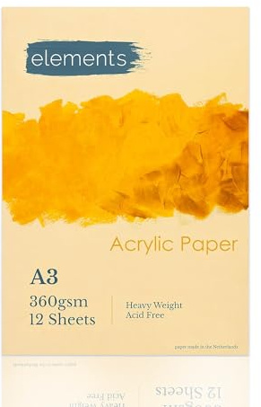 Elements A3 Acrylic Paper for Painting – 12-Sheet Acrylic Pad for Water-Based Paint, Gouache, and Inks – No Acid 360gsm (165lb) Painting Paper, Glue-Bound Artist Pad, Paint Book for Artists