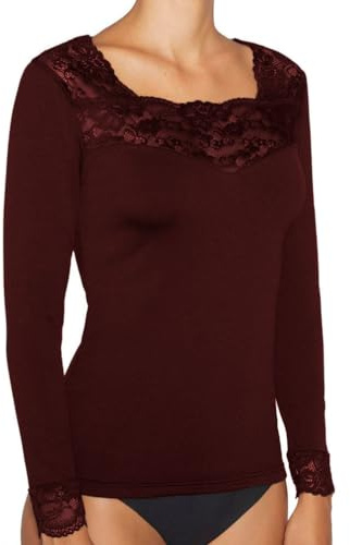 Ysabel Mora T-Shirt Thermique Bordeaux en Dentelle à Manches Longues