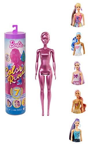Barbie Color Reveal Serie Metallic Bambola con 7 Sorprese, Assortimento Casuale, per Bambini da 3+Anni, GTR93