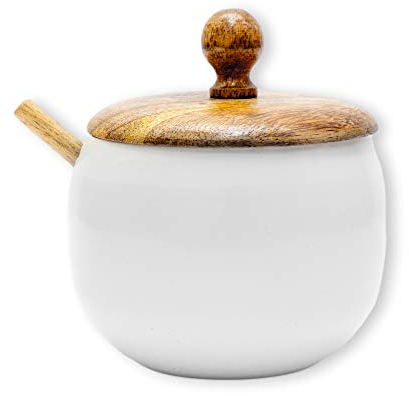 GoCraft Zuckerdose mit Holzdeckel und Löffel für Haus und Küche, Trommelform (glänzendes weißes Finish)