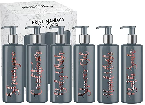 Print Maniacs Grey Mrs Hinch Inspired Personalised 500ml Pump Bottles Bathroom Lotion Kitchen Set Shampoo Conditioner Body Wash (Set 6) (Rose Gold)