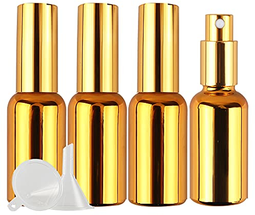 ZEOABSY 4 Piezas 30ml Botella de Oro UV-Revestido Spray de Vidrio, Botella de Spray de Perfume de 30 ml para Viajes y Uso doméstico + 1 x Embudo